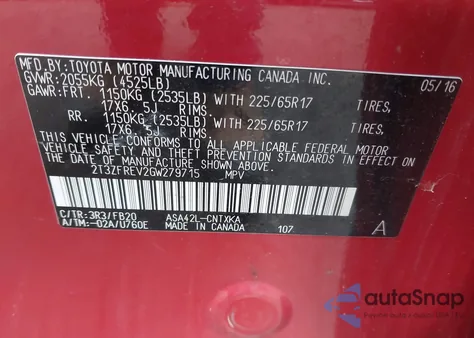 2016 Toyota Rav4 Le из США, поврежденный, VIN 2T3ZFREV2GW279715